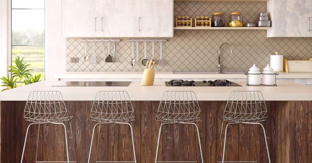 Chic minimalist kitchen design featuring wooden accents and modern bar stools.