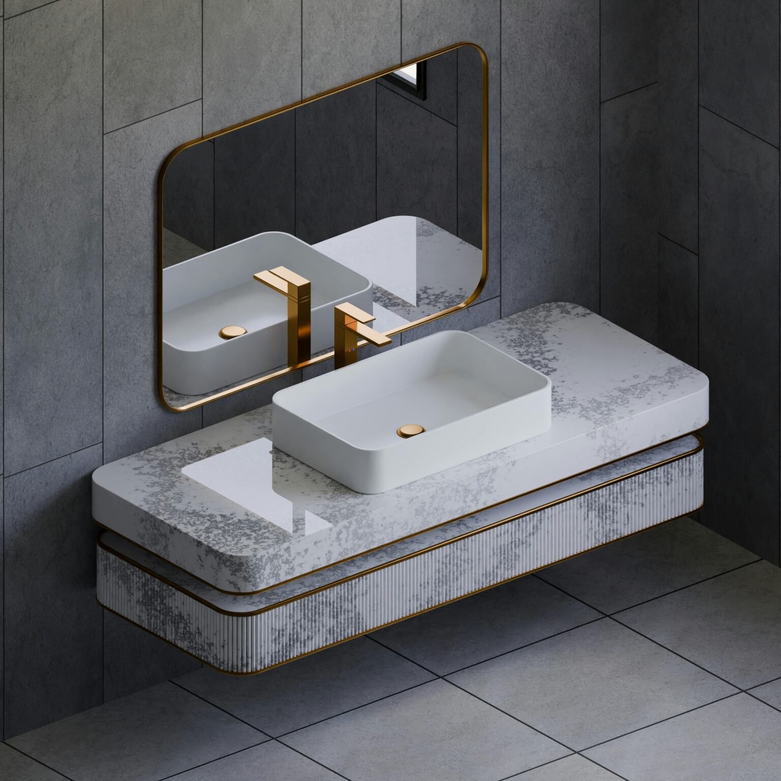 Stylish bathroom vanity with golden accents and a marble finish, perfect for contemporary interiors.